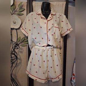 Cream Cherry-Print Short Pajama Set with Red Piping